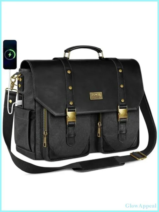 Vintage Messenger Bag with USB Port, Large Canvas PU Laptop Bag
