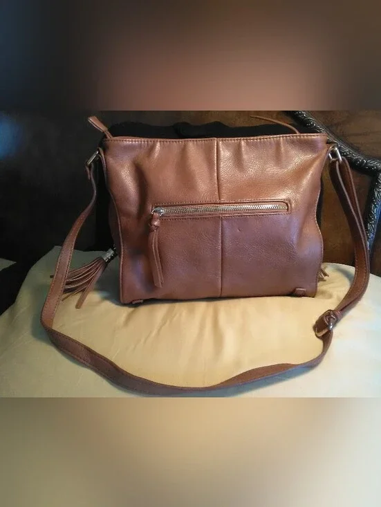 M.M.S. Brown VEGAN Leather Shoulder Bag Gold Buckles Adj. Strap
