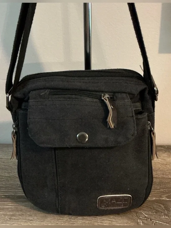 MAZE Exclusive Black Canvas Crossbody Shoulder Bag Compact Tons of Pockets