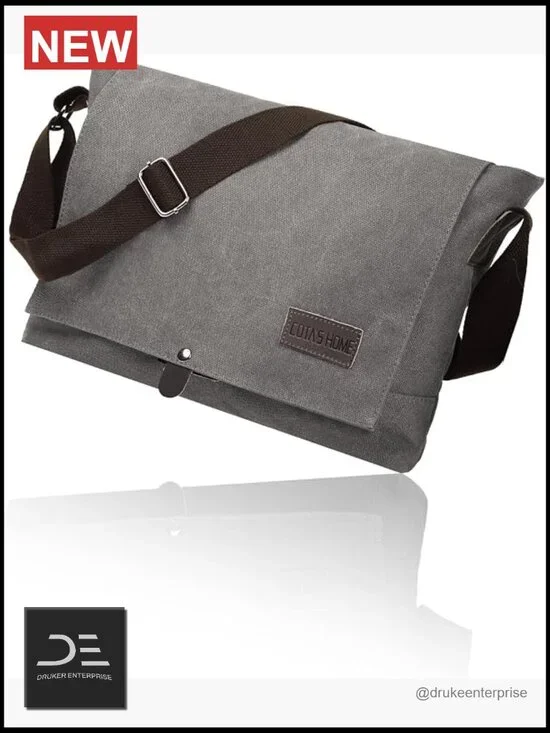 Canvas Messenger Bag with PU Leather Trim, Fits 14