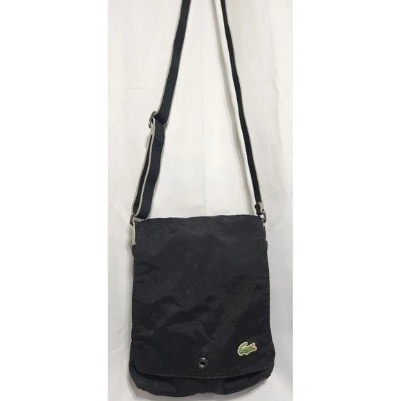 Lacoste Messenger Bag Black Canvas Crossbody Flap Over Sporty Crocodile Logo