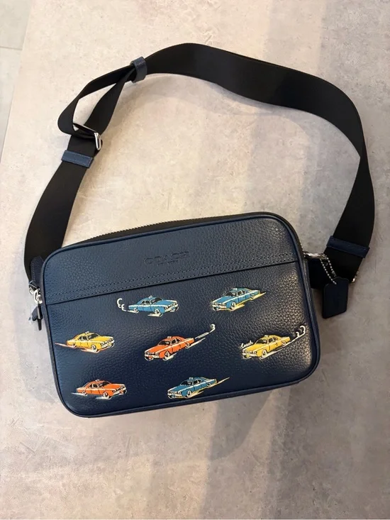 Coach Navy Leather Camera Bag with Multicolor messenger crossbody bag with cars