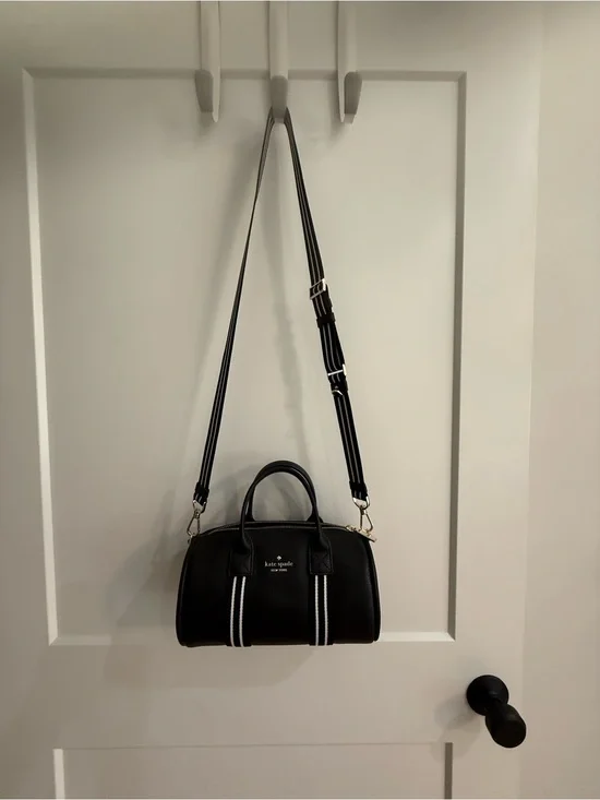 kate spade Black Leather Messenger Bag with White Stripe Accents