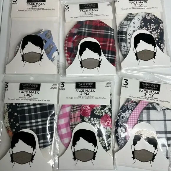 Bundle of 18 Face masks 2-ply 6 packs/ 1 pack toddler sz 1 pack adult L 4 packsM