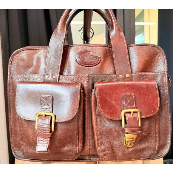 Fossil Vintage Brown Leather Briefcase Laptop Messenger Bag Missing Clasp