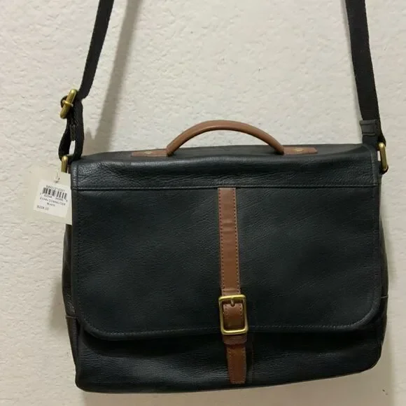 Fossil Black Leather Evan Commuter Satchel Messenger Bag New