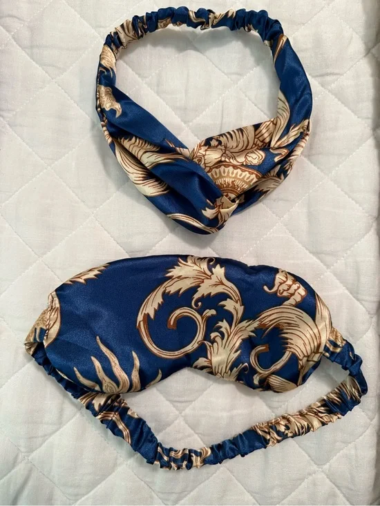 Navy Blue & Gold Satin Eye Mask and Headband Set