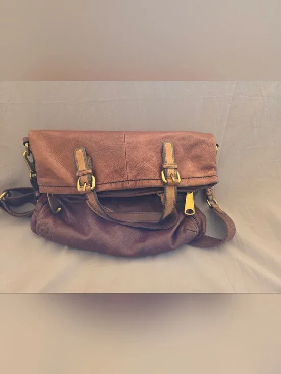 Brown Leather Messenger Bag with Brass Accents By Fossil
