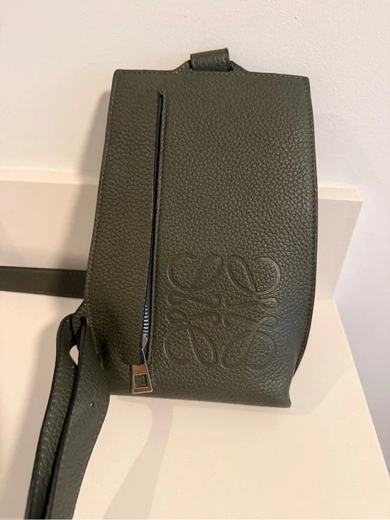LIKE NEW! Green Loewe Soft Grained Calfskin Vertical T-Pocket Crossbody
