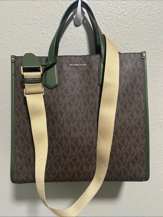 Michael Kors Brown Logo Messenger Tote with Green Trim and Beige Strap NWT