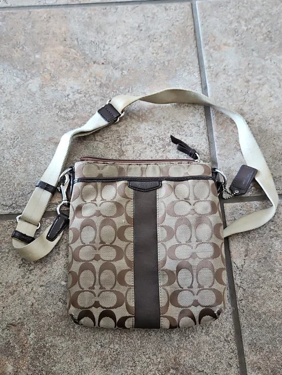 Coach Swingpack Crossbody Tan and Dark Brown Signature Crossbody Messenger