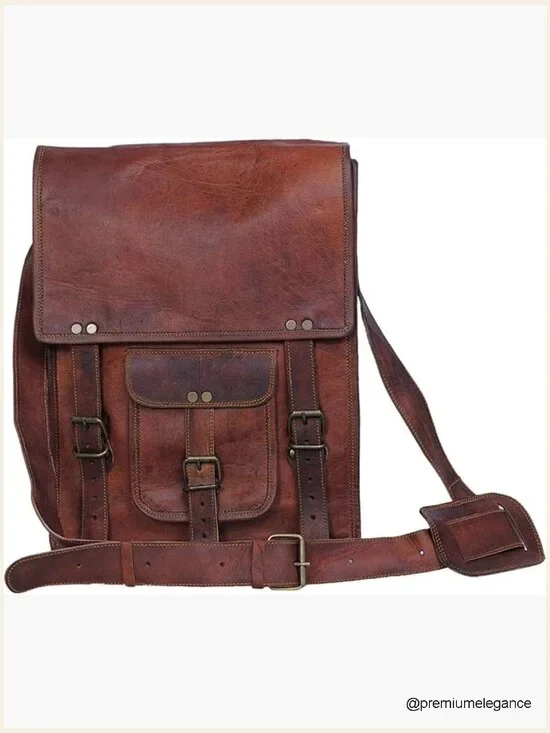 Full Grain Leather Messenger Satchel Crossbody Bag with Adjustable Strap