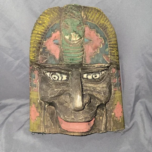 Native Chief Sun Headdress Hand Carved Wood Painted Face Mask Emblems