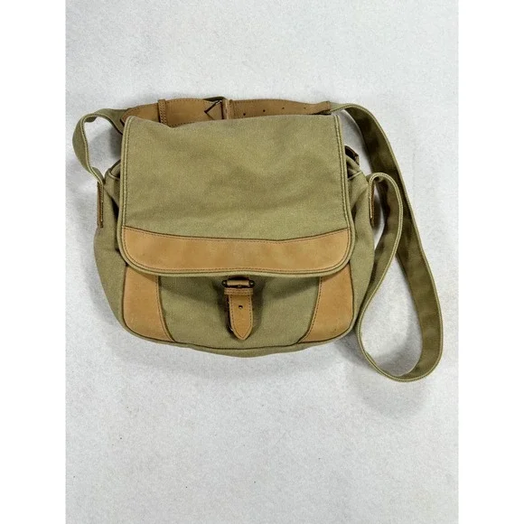 LL Bean Canvas Leather Trim Field Messenger Bag Khaki Crossbody Shoulder Bag