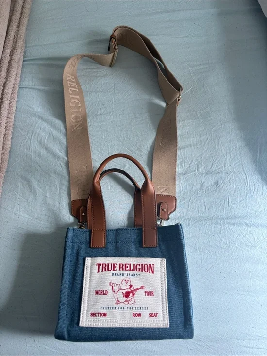 True Religion Blue Denim Crossbody Bag with Tan Leather Handles
