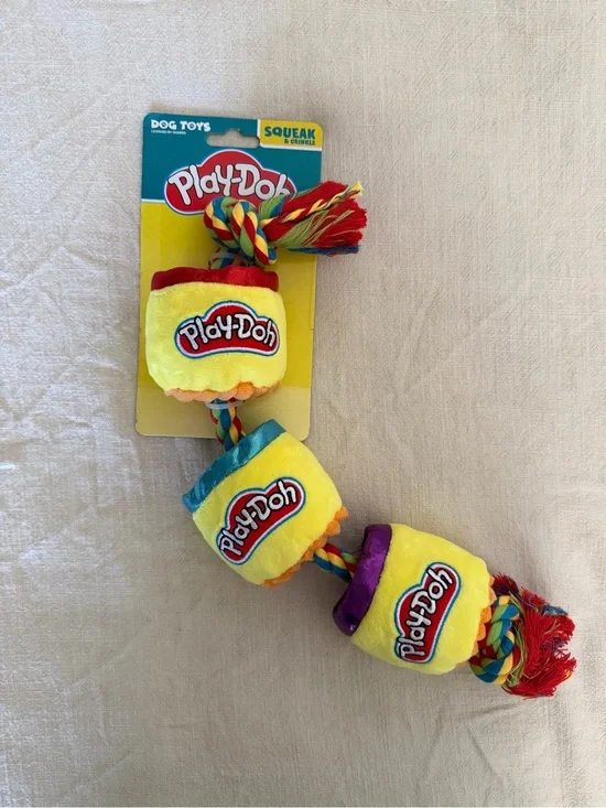 Hasbro Play-Doh Yellow Plush Rope Squeak Dog Toy with Multicolor Accents