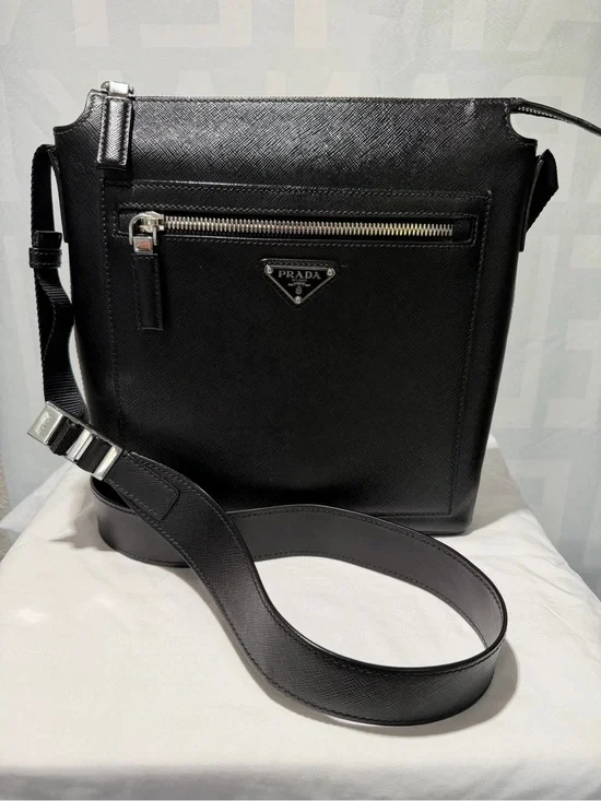 Prada Black Saffiano Leather Messenger Bag with Silver Hardware