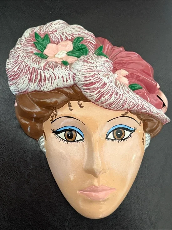 Vintage Ceramic Wall Mask Lady Face with Floral Hat