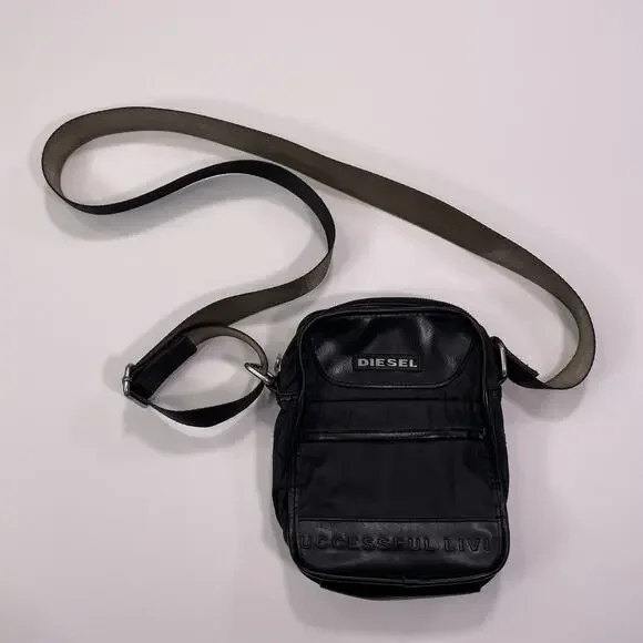 Vtg Diesel Bag Messenger Shoulder Crossbody Satchel Leather Black Y2K Mens