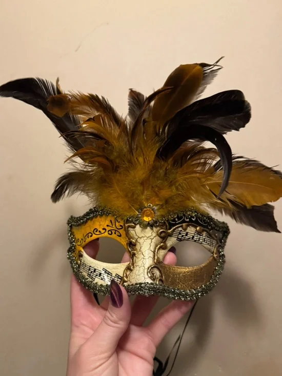 Gold & Brown Feathered Venetian face Mask