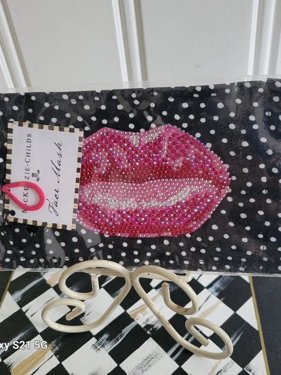 MacKenzie-Childs Pink Rhinestone Lip Face Mask - Black Polka Dot