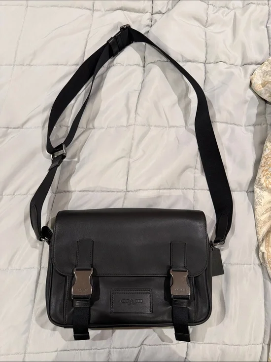 Coach Black Leather Men’s Messenger Bag with Silver Buckles