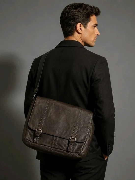 Fossil Dark Brown Leather Messenger Bag with Buckle Straps