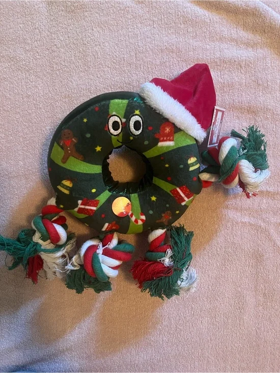 Festive Donut Rope/Squeaker Holiday Dog Toy - Green & Red