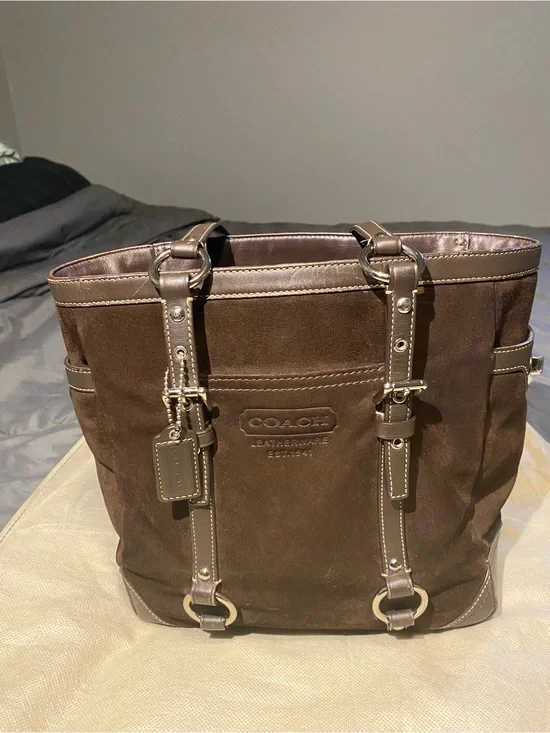 Coach Dark Brown Suede Messenger Tote with Leather Trim