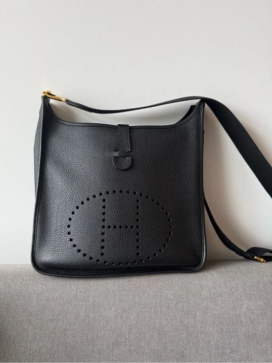 Hermes Black Perforated H Messenger Bag with Gold Hardware