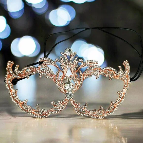 Rose Gold Decorative Masquerade Face Mask with Rhinestones