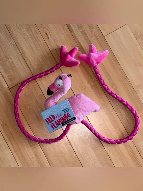 Fred the Flamingo Plush Dog Toy with Interactive Line for Game of Fetch or Tug!