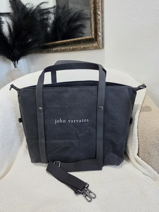 John Varvatos Black Canvas Messenger Tote with Removable Strap