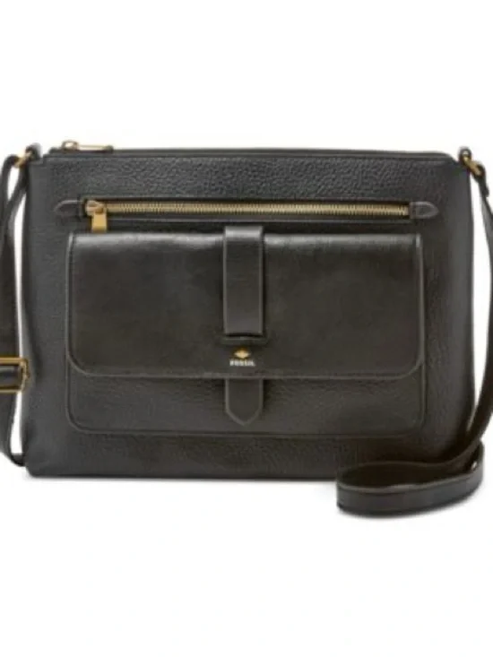 Fossil Black Leather Messenger with Gold Hardware
