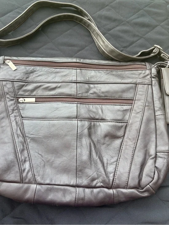 Genuine Leather Brown Crossbody Messenger Bag + Pouch