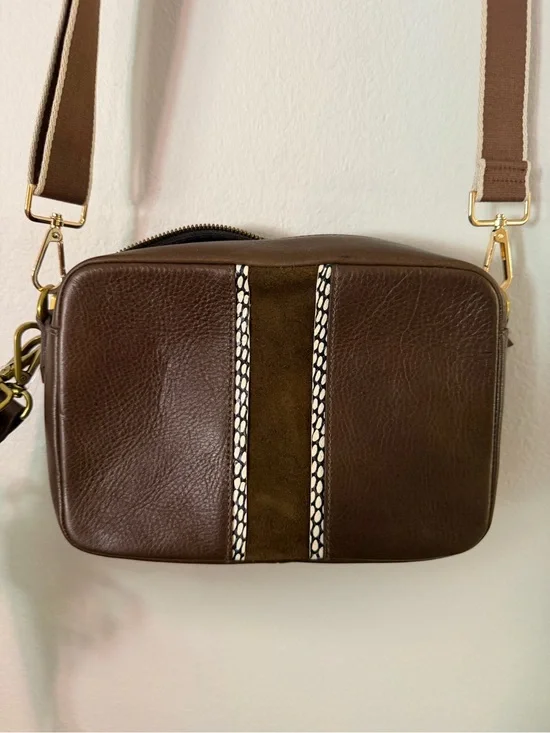 NWT Madewell Transport Brown Leather Crossbody Bag with Center Suede Stripe