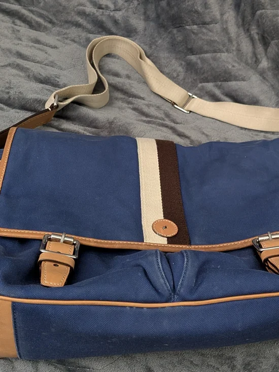 Coach Canvas Messenger Bag in Blue with Tan Leather Trim - vintage