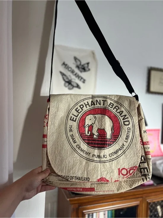 Upcycled Elephant Brand Cement Messenger Bag Handmade in Cambodia Malia Designs