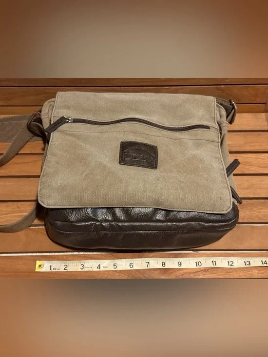 Canvas & Leather Crossbody Messenger Bag - Taupe and Dark Brown