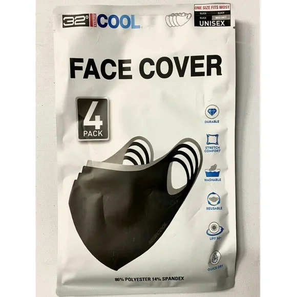 32 Degrees Cool Adult Unisex Face Cover 4-pack Durable Stretch Washable UPF 50+