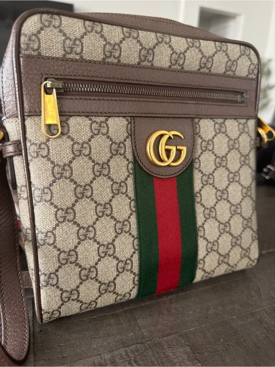 Gucci Beige GG Supreme Messenger Bag with Brown Trim and Green/Red Web