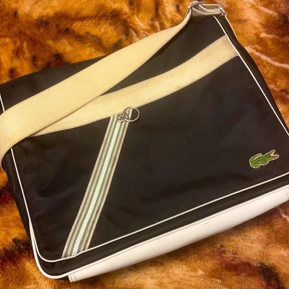 Lacoste Black Messenger Bag with White Trim and Green Logo