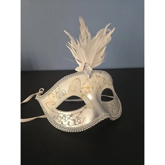 Mardi Gras Carnival Masquerade Party Eye Mask Silver Glitter Sparkles Feathers