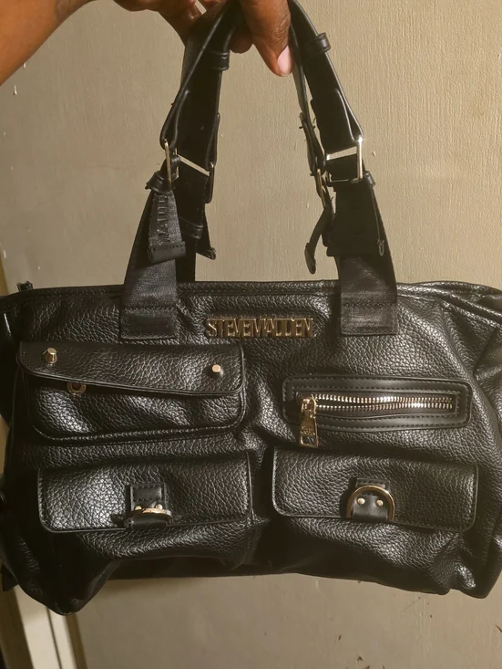 Steve Madden Black Faux Leather Duffel Bag with Gold Hardware