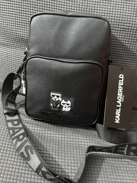 Karl Lagerfeld Black Textured Messenger Crossbody with Character Patch