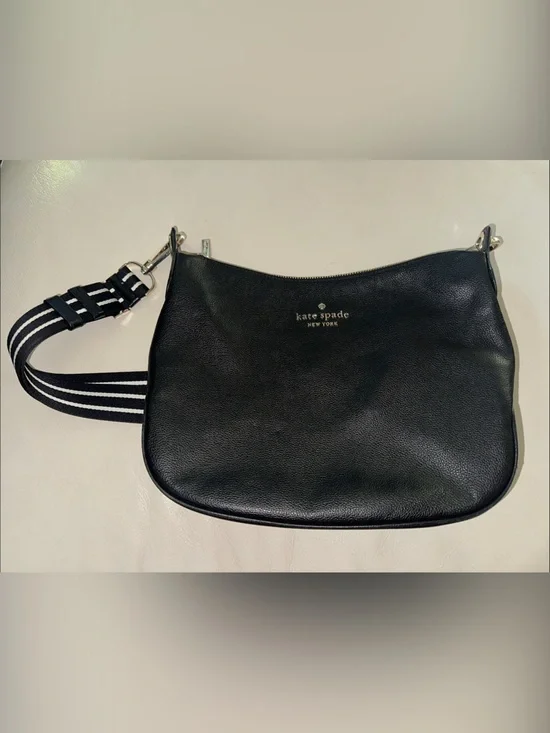 kate spade Black Pebbled Leather Messenger with Striped Strap