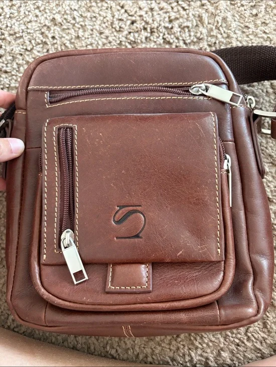 Men's Brown Leather Messenger Crossbody Bag with Front Zip Pocket