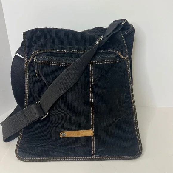 Vintage Diesel Spare Parts Corduroy Crossbody Messenger Bag‎ Black 10 x 14 Flaw
