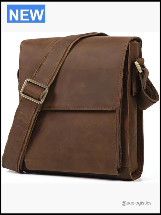 Leather Messenger Crossbody Bag for Men Adjustable Strap YKK Zipper