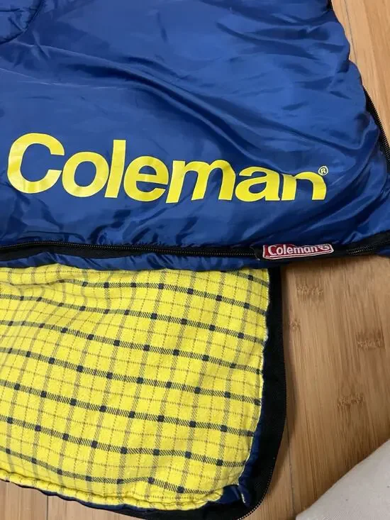 Vintage Coleman Blue Sleeping Bag Heavy Yellow Cotton Flannel Plaid inside 33x75